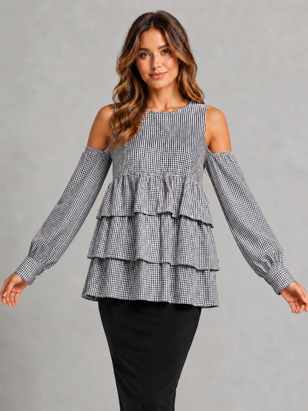 🆕🖤 LIKELY Tatum Top XS Navy White Gingham Cold Shoulder Ruffle Blouse Casual